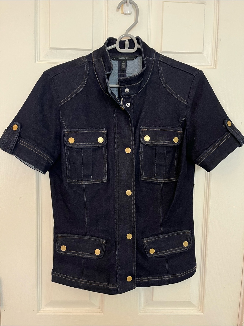 White House Black Market Dark Navy Short-Sleeve Utility Jacket with Gold Buttons
